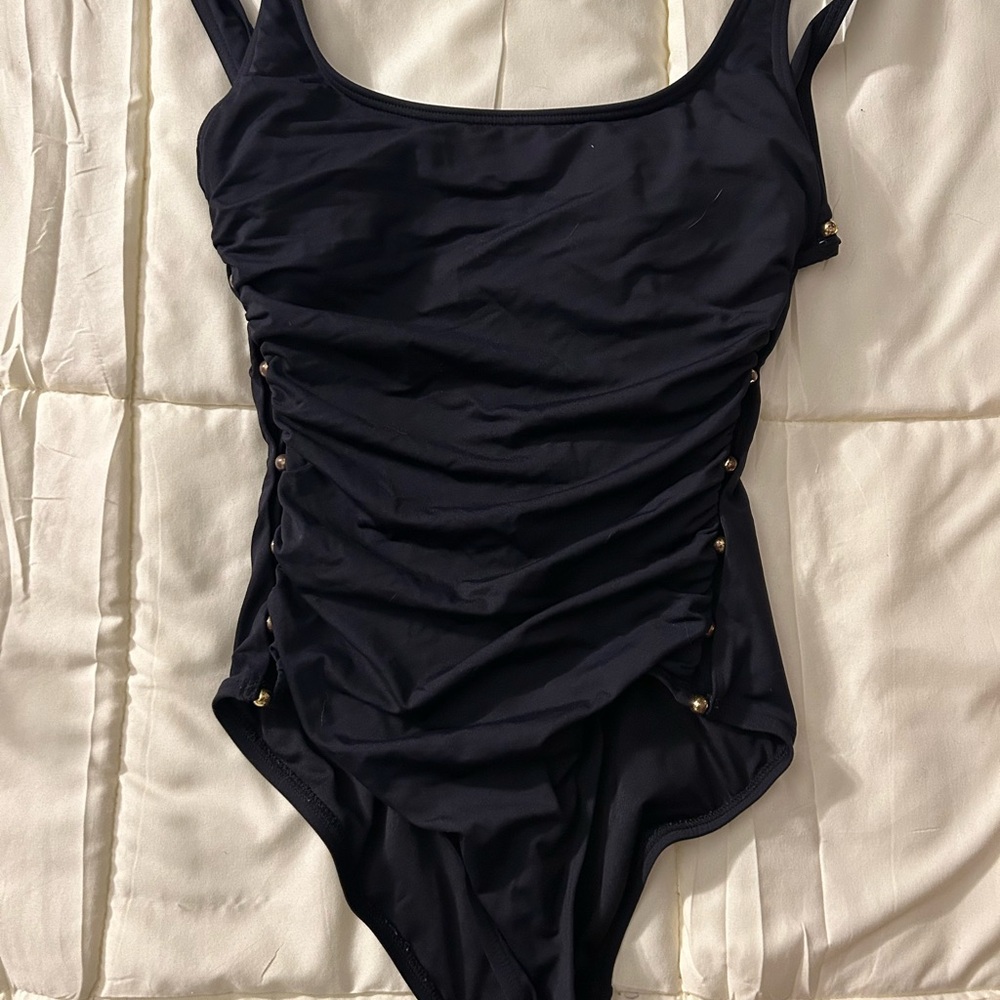 Carmen Marc Valvo Black One-Piece Swimsuit with Side Bead Accents